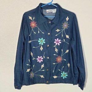 National Womens Jean Jacket Blue Pink Floral Button Up Embroidered Denim…